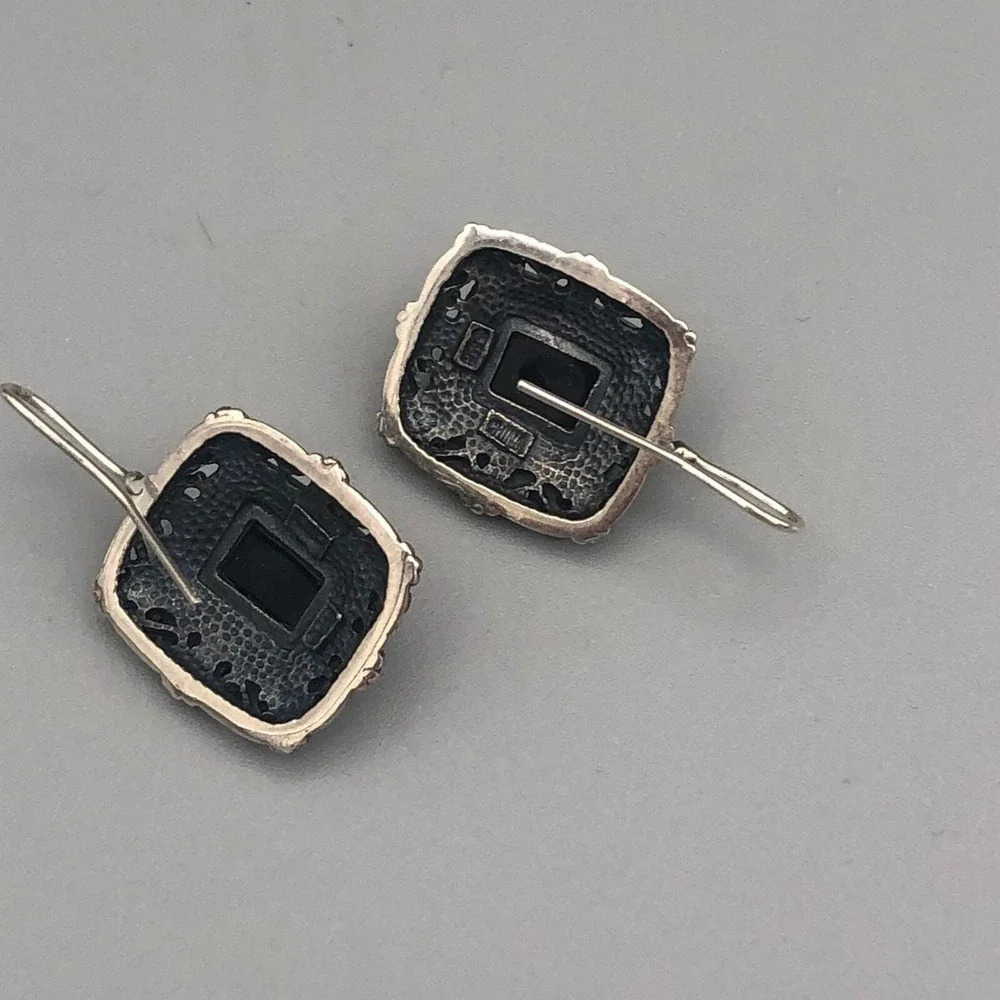 Vintage Byzantine Onyx Sterling Silver Earrings 925 Square Dangle Gothic Wire